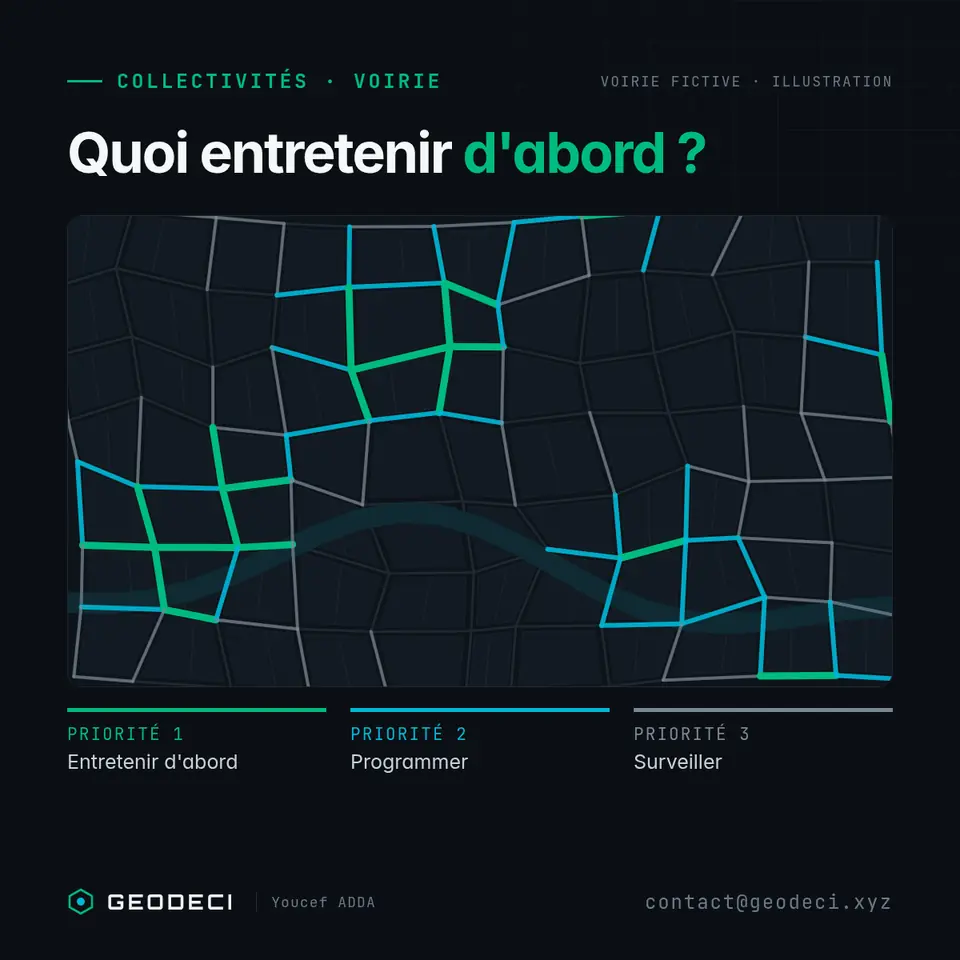 GEODECI illustration, fictitious road network. Title: what to maintain first? Three priorities: maintain now, schedule, watch.