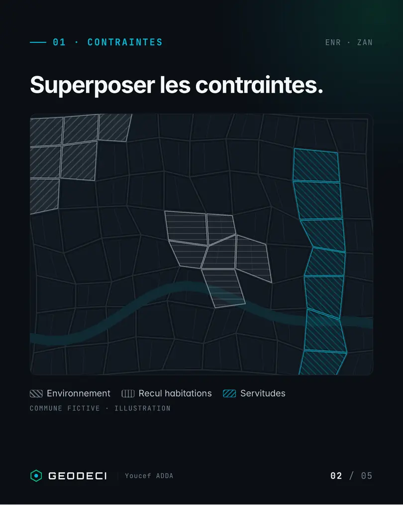 GEODECI illustration, fictitious municipality. Constraint overlay: environment, housing setback, easements.