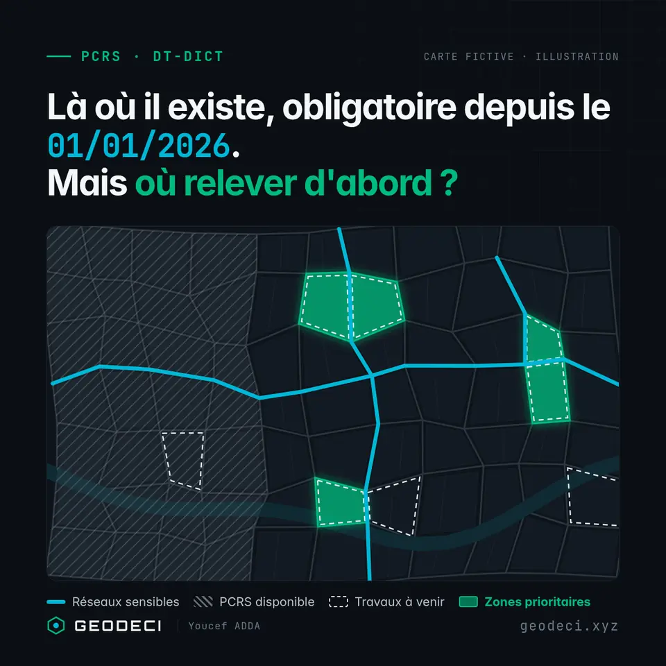 GEODECI illustration, fictitious map. Sensitive networks, available PCRS, upcoming works, and priority survey areas. Text: mandatory since 1 Jan 2026 where a PCRS exists. Where to survey first?