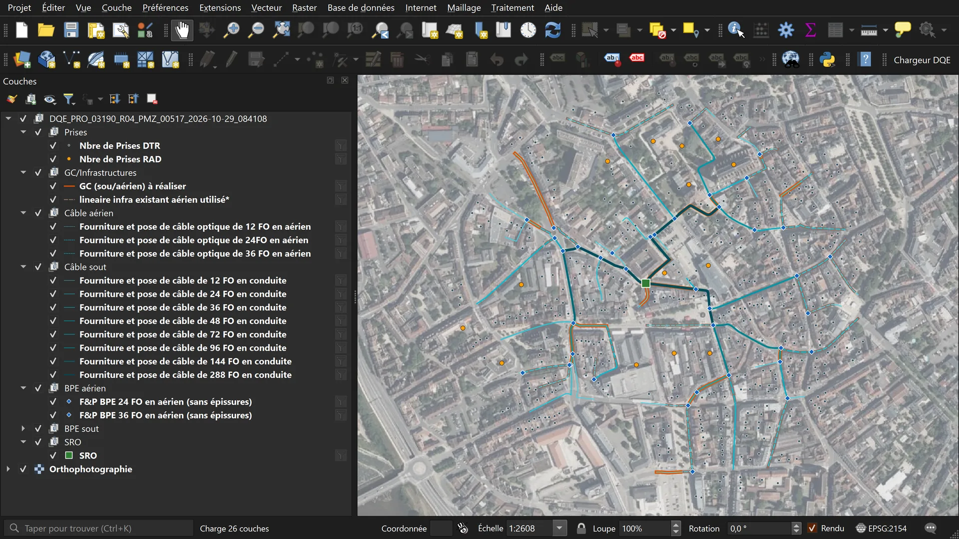 QGIS after the PRO run: layer group DQE_PRO_03190_R04_PMZ_00517 with seven sub-groups, and the fibre network drawn over the Moulins orthophoto from a green SRO square.