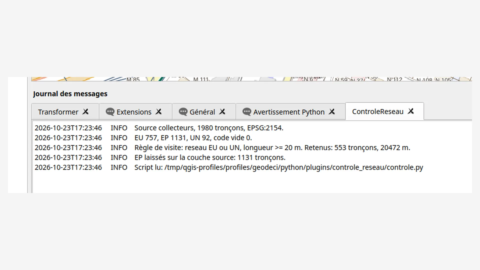 Single ControleReseau run kept in the QGIS message log.
