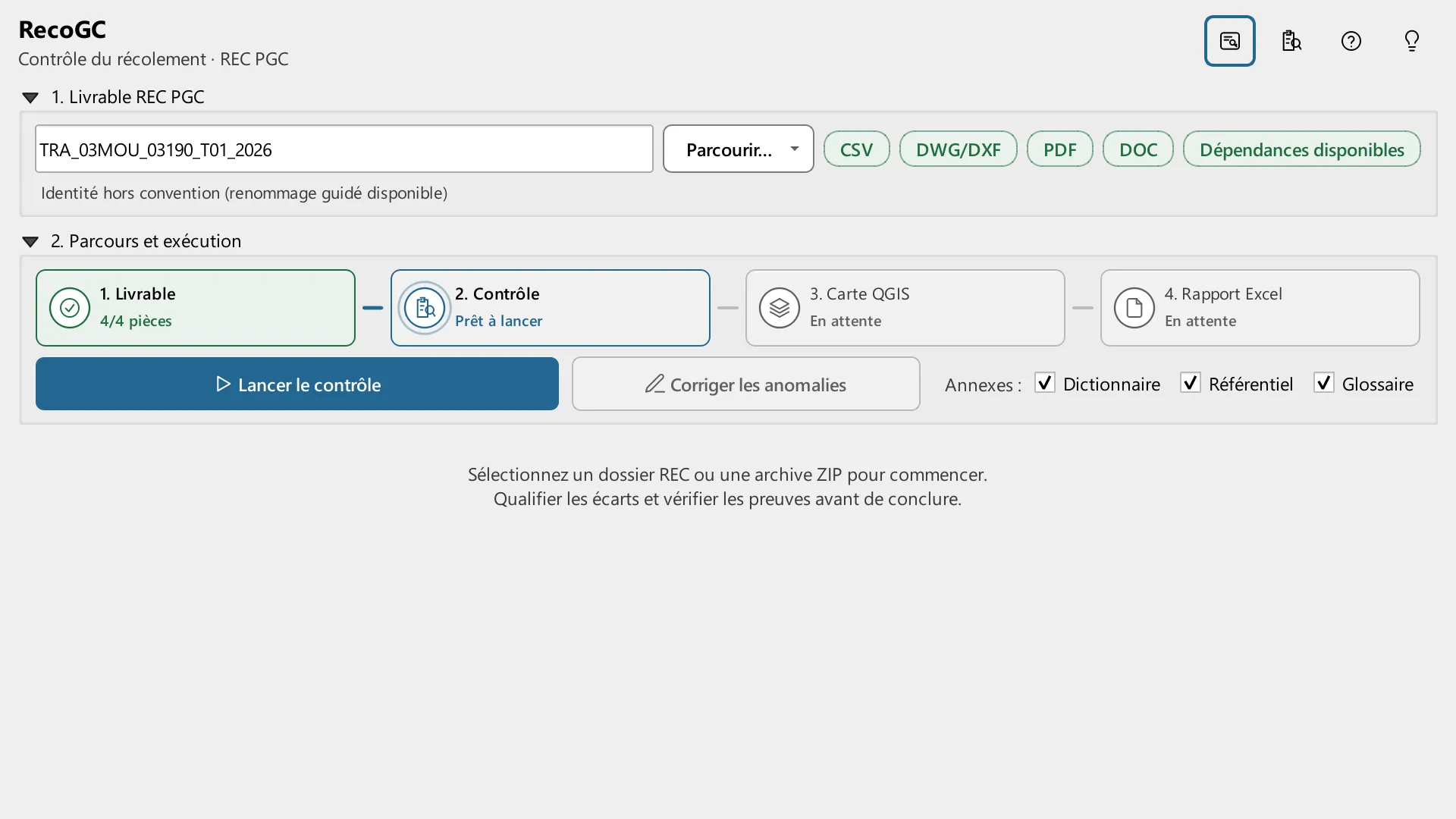 Panneau RecoGC avec le dossier choisi, les pastilles CSV, DWG/DXF, PDF et DOC, et le parcours en quatre étapes.