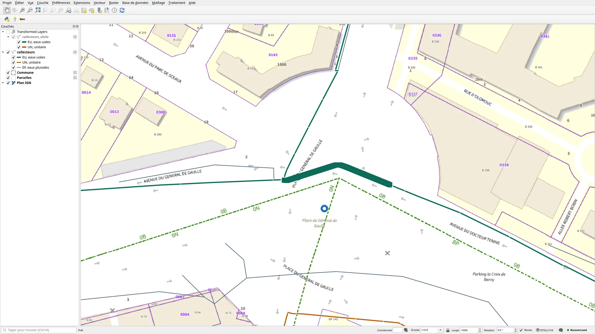 Same map after restore: collector 892 drawn as foul sewer.