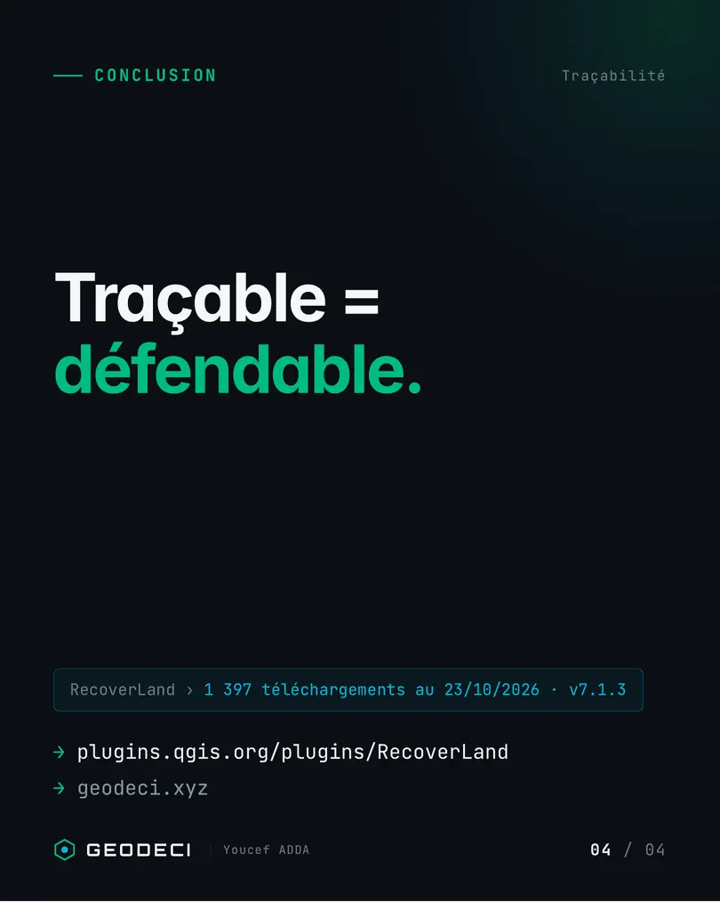 GEODECI poster. Traceable means defensible. RecoverLand: 1,397 downloads as of 23 Oct 2026, version 7.1.3.